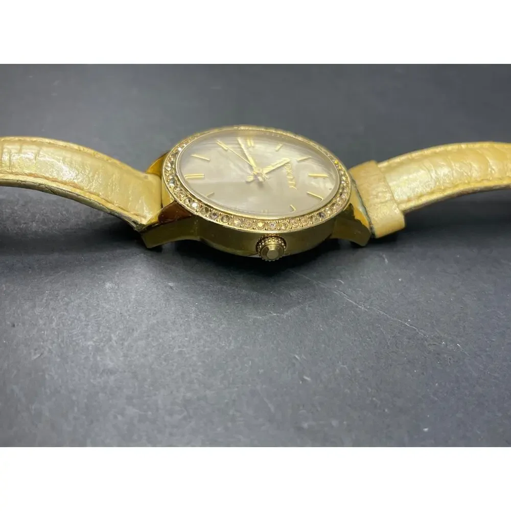 DKNY NY-4759 Mother of Pearl Dial Crystal Bezel Gold Tone Watch Leather Band